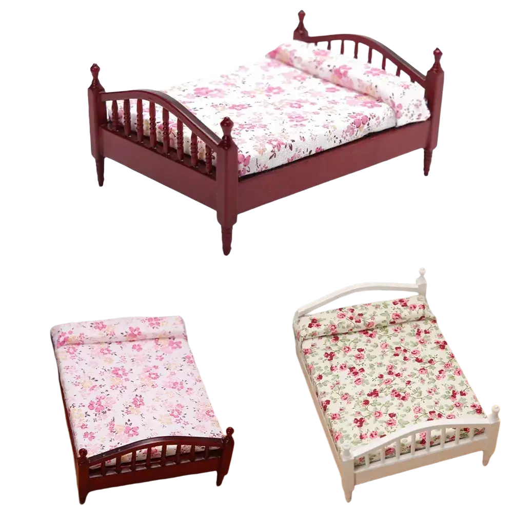 Red wooden miniature dollhouse bed with floral-patterned bedding made of wood for decorative play use
