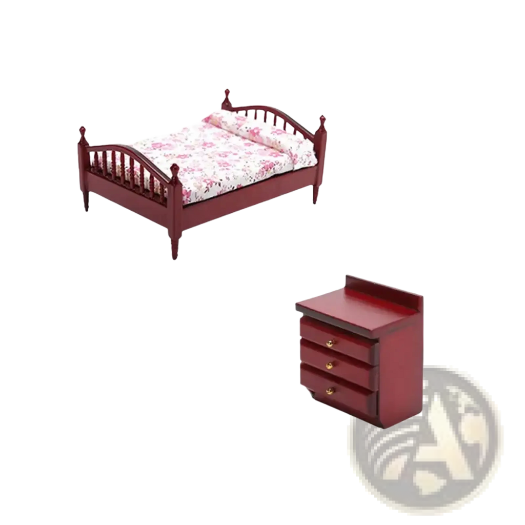 Red wooden miniature dollhouse bed with floral-patterned bedding and matching nightstand in classic design