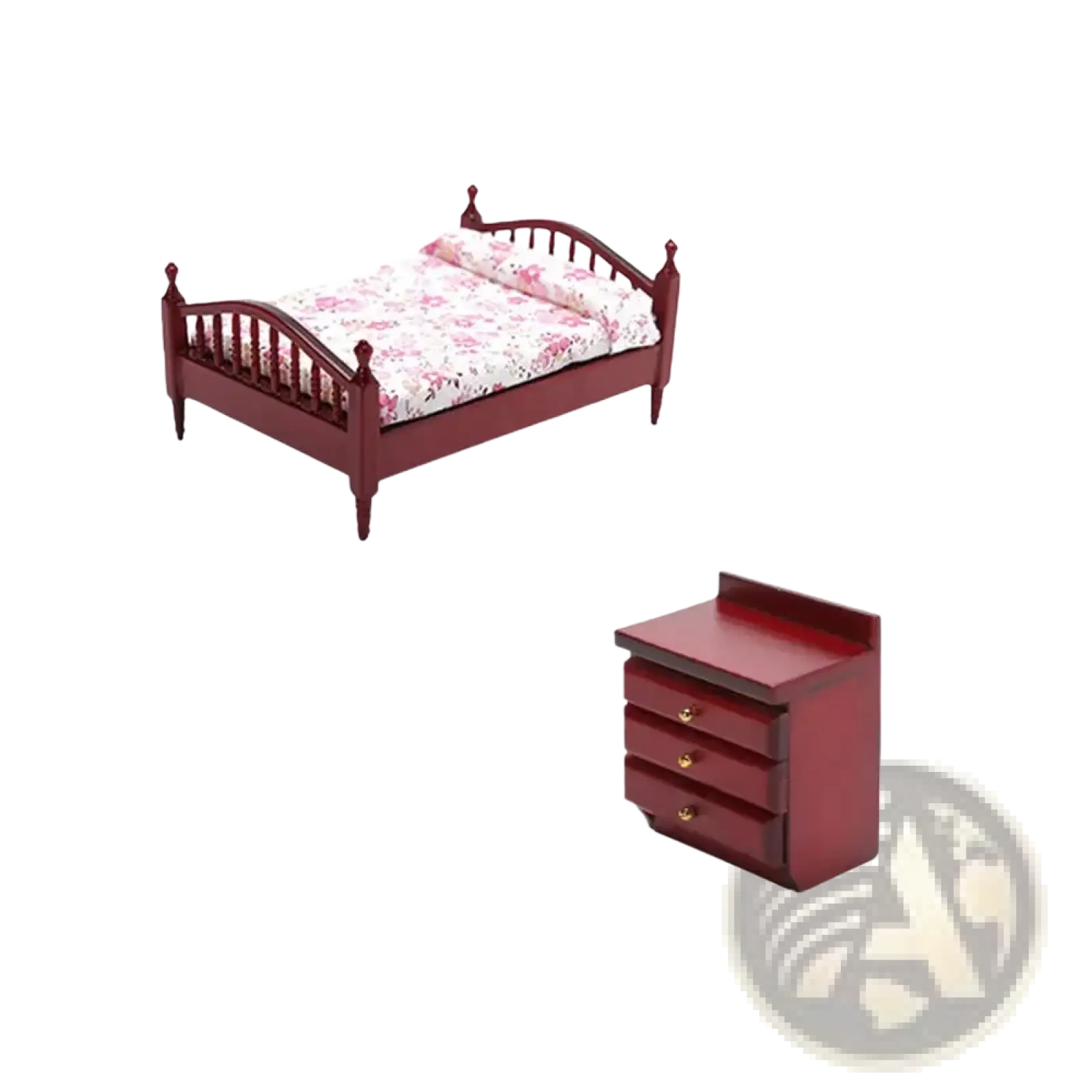 Red wooden miniature dollhouse bed with floral-patterned bedding and matching nightstand in classic design