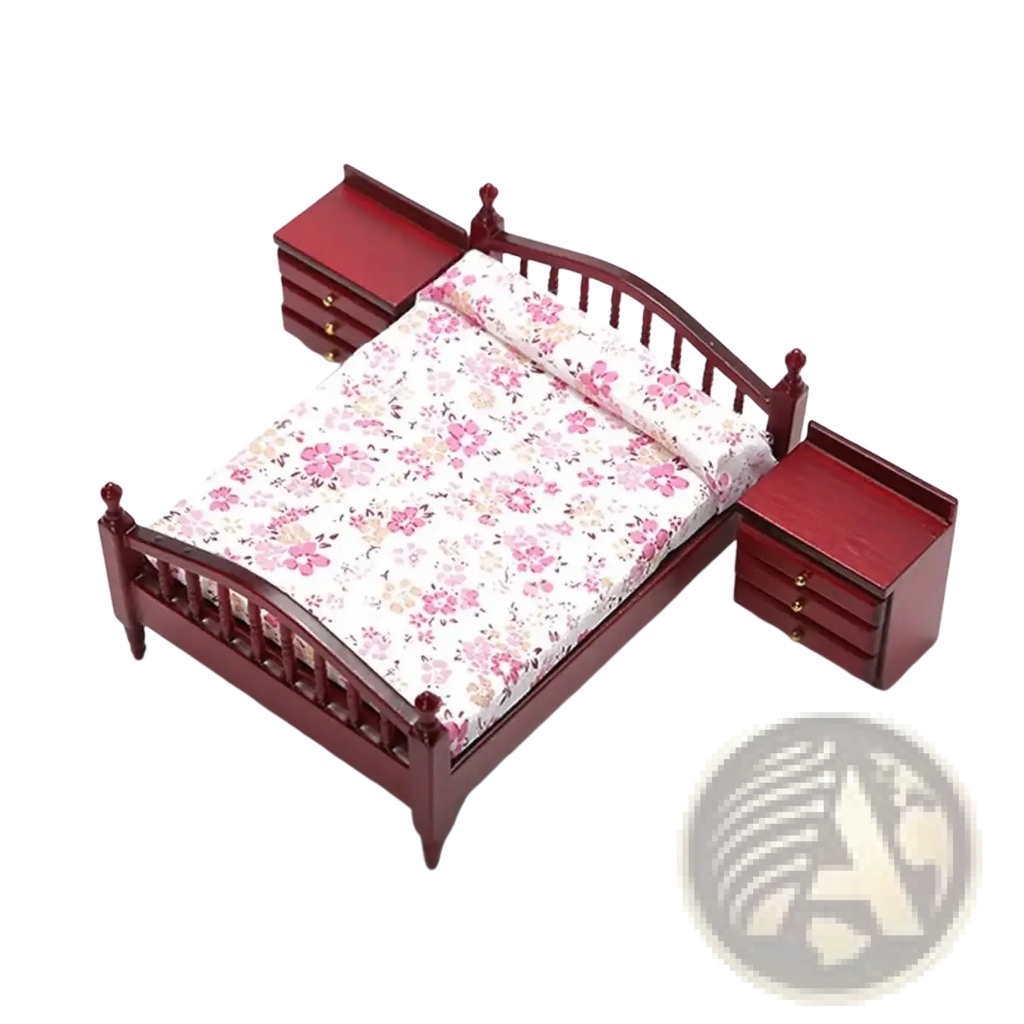 Red wooden miniature dollhouse bed with floral-patterned bedding for decorative dollhouse use