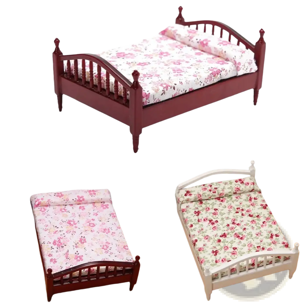 Red wooden miniature dollhouse bed with floral-patterned bedding made of wood for decorative play use