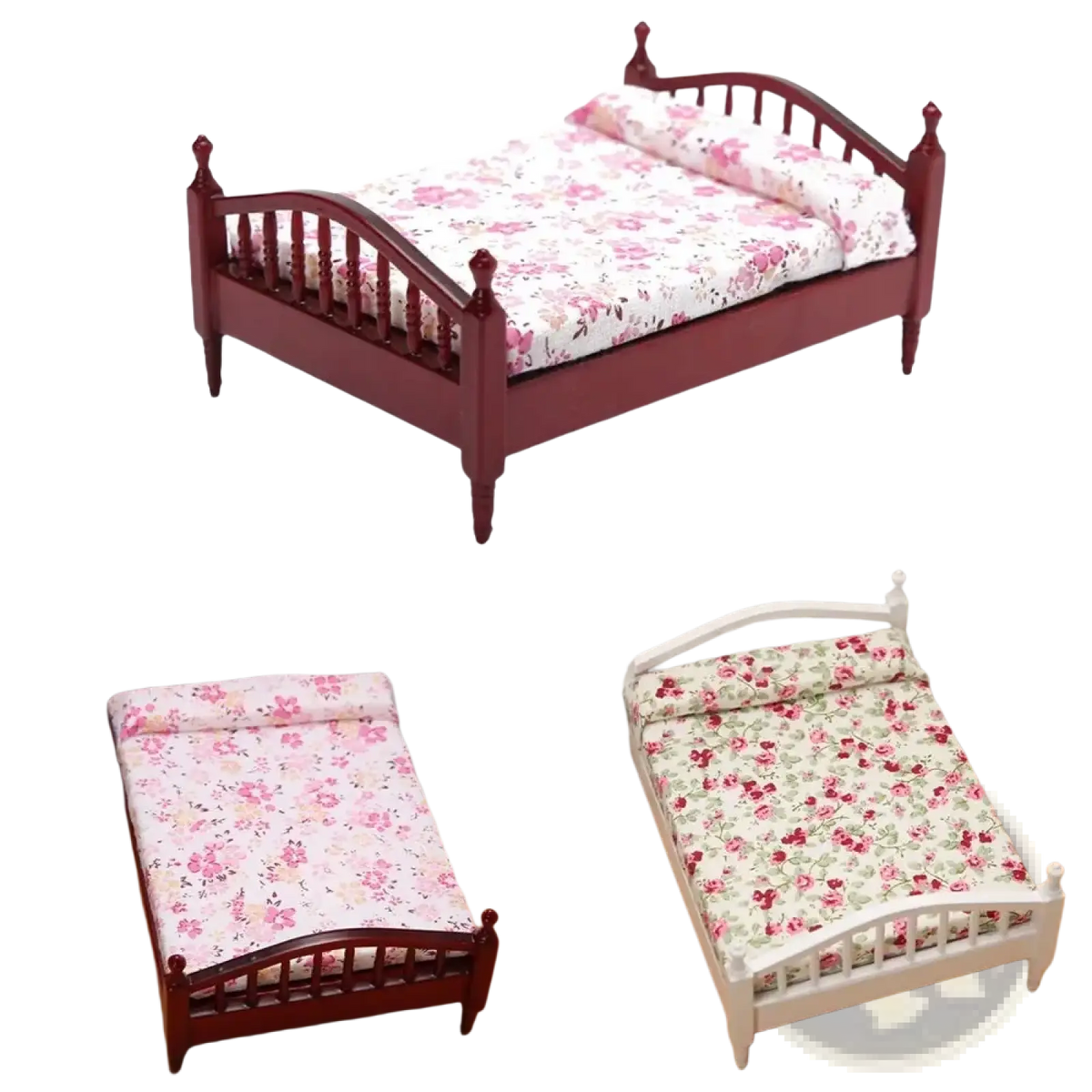Red wooden miniature dollhouse bed with floral-patterned bedding made of wood for decorative play use