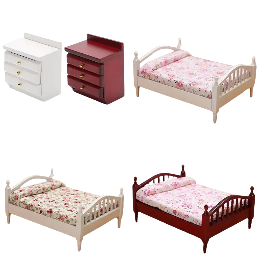 Miniature wooden dollhouse bed with white frame, floral bedding, and wooden headboard for small bedroom settings