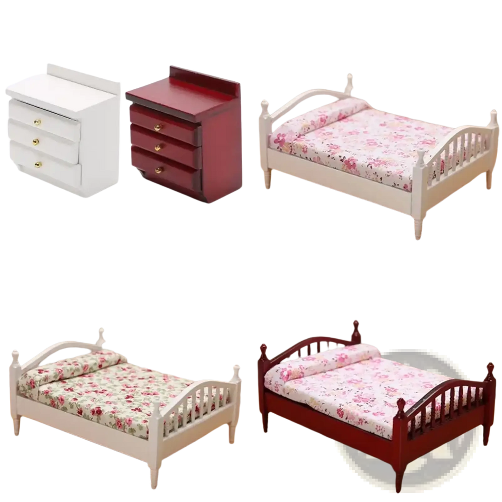 Miniature wooden dollhouse bed with white frame, floral bedding, and wooden headboard for small bedroom settings