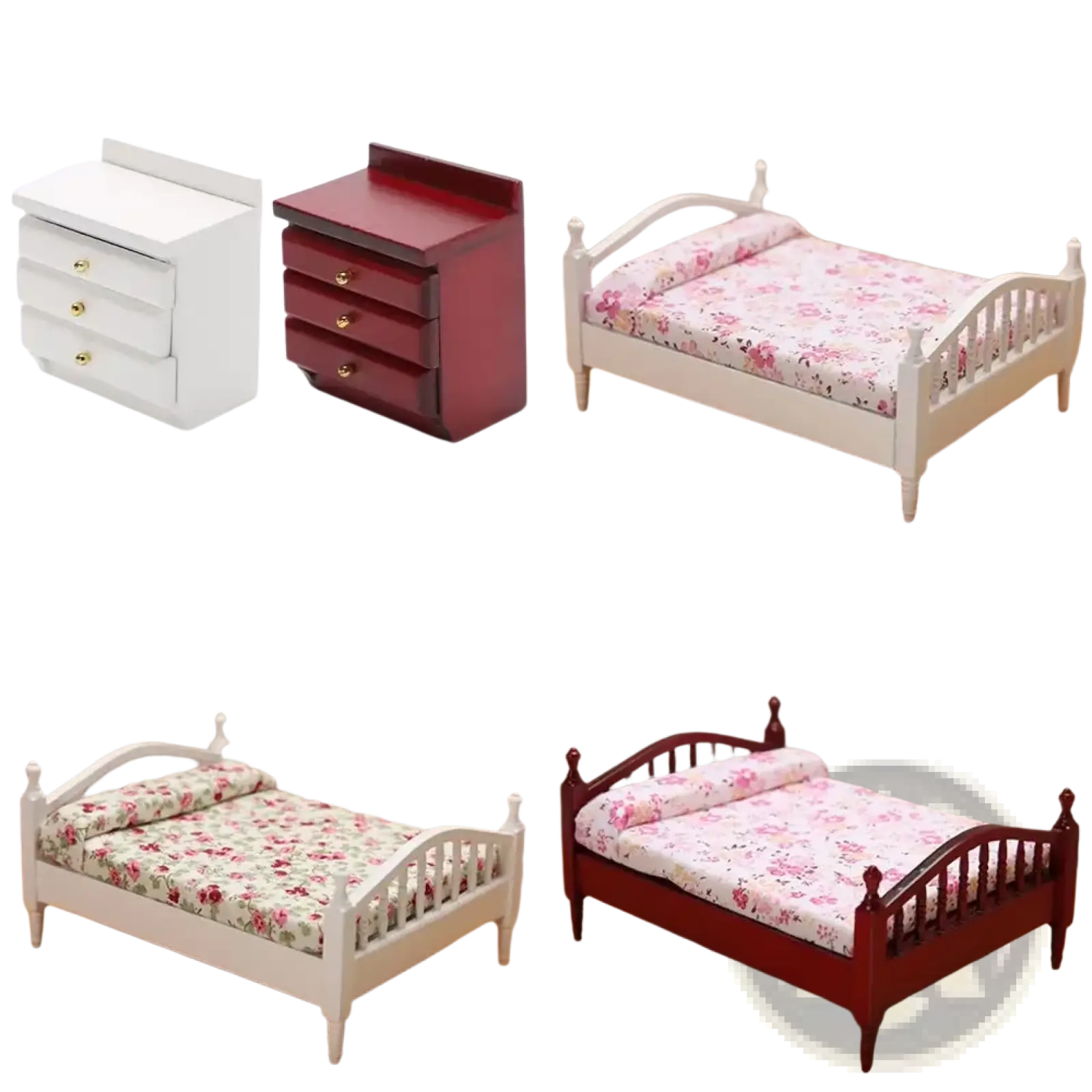 Miniature wooden dollhouse bed with white frame, floral bedding, and wooden headboard for small bedroom settings