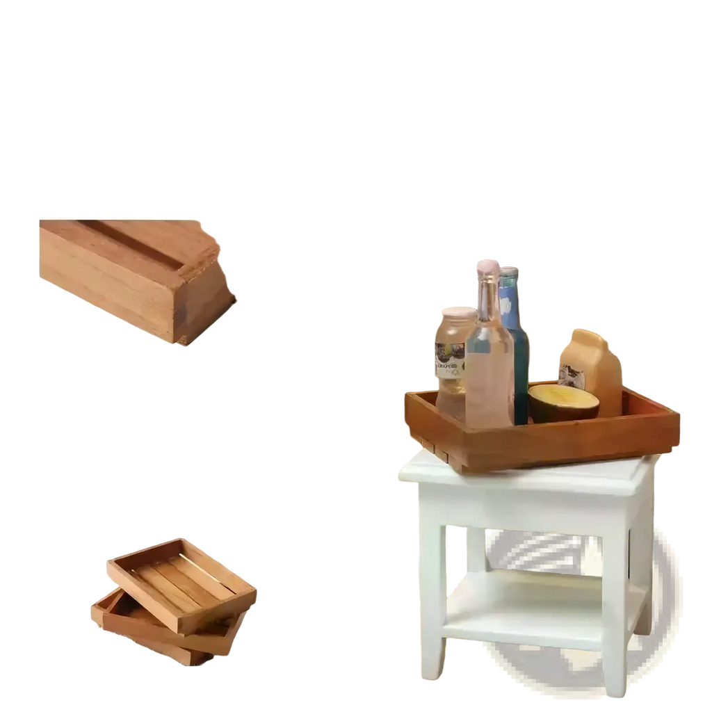 Hand-polished cherry wood miniature dollhouse storage crate set with natural grain finish and slatted design