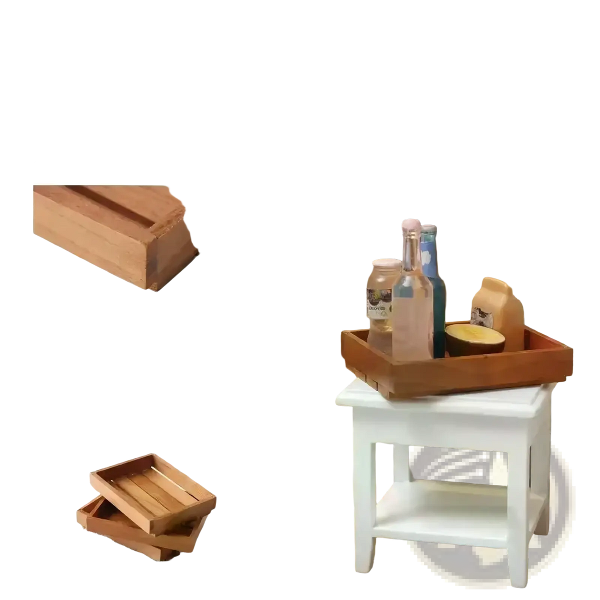 Hand-polished cherry wood miniature dollhouse storage crate set with natural grain finish and slatted design