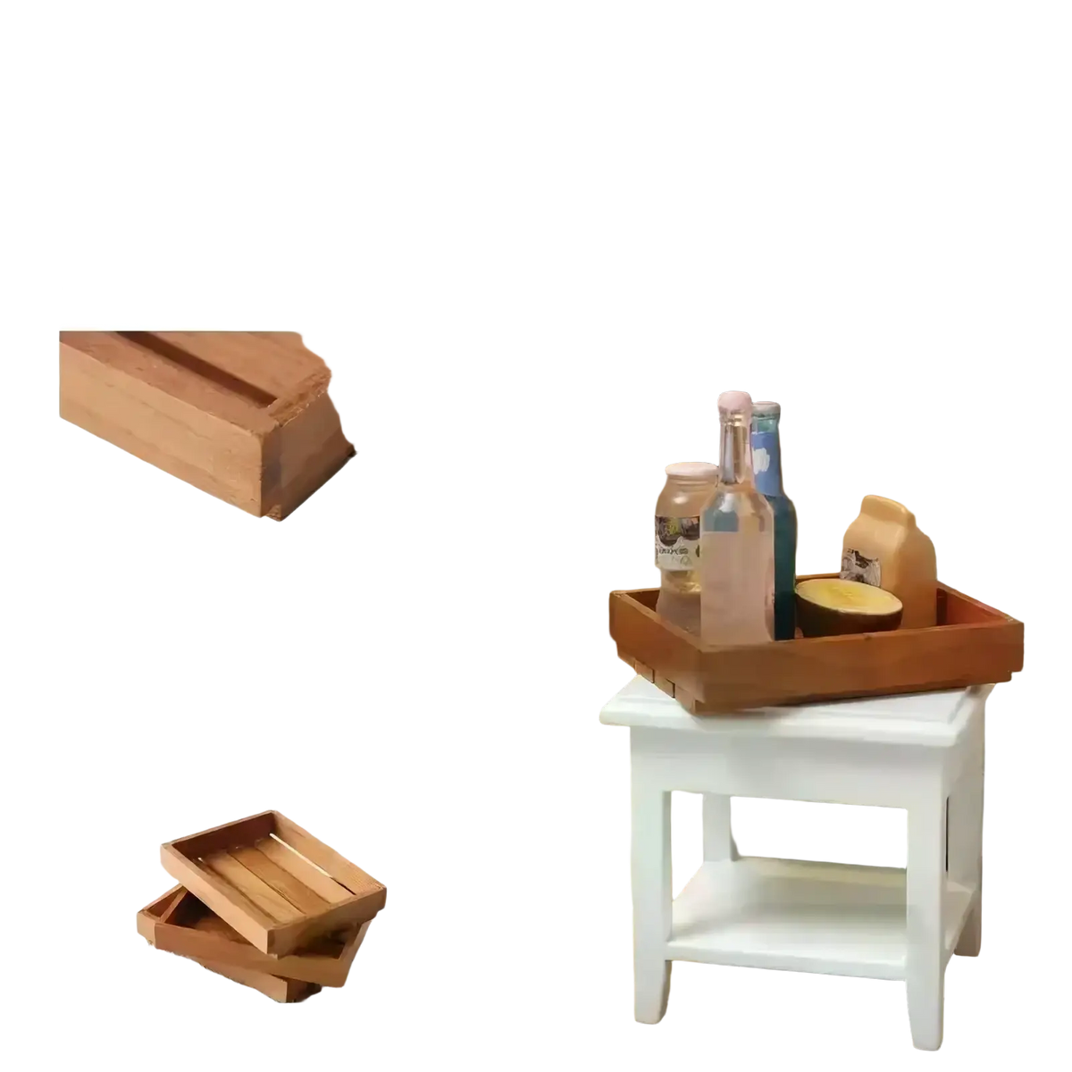 Hand-polished cherry wood miniature dollhouse storage crate set with natural grain finish and slatted design