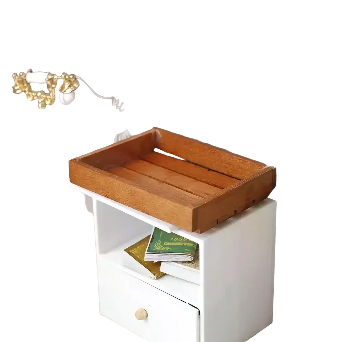 Miniature wooden dollhouse storage crate set featuring a rustic warm brown wooden tray with a slatted interior
