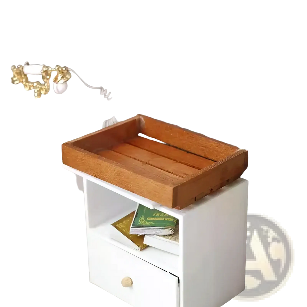 Miniature wooden dollhouse storage crate set featuring a rustic warm brown wooden tray with a slatted interior