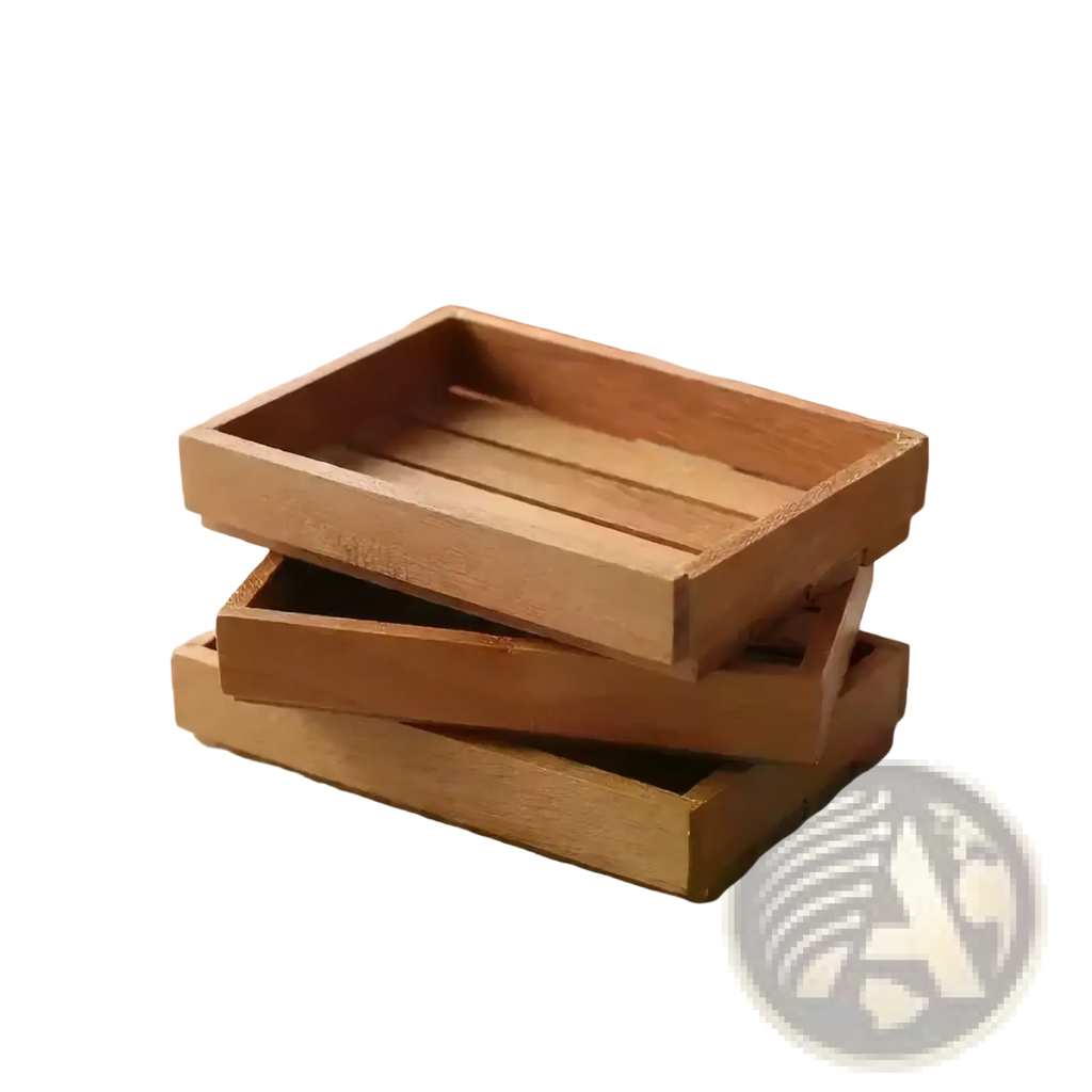 Stacked light brown wooden trays with a rustic slatted design in a miniature wooden dollhouse storage crate set