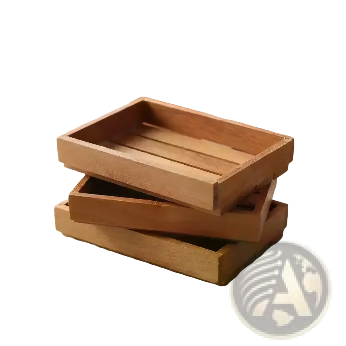 Stacked light brown wooden trays with a rustic slatted design in a miniature wooden dollhouse storage crate set
