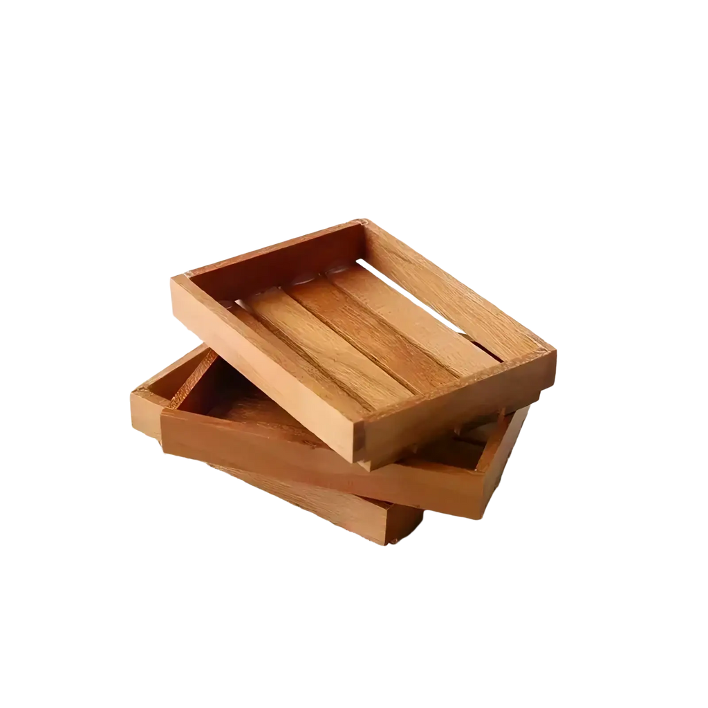 Set of three miniature wooden dollhouse storage crates with natural light brown finish and slatted interior design