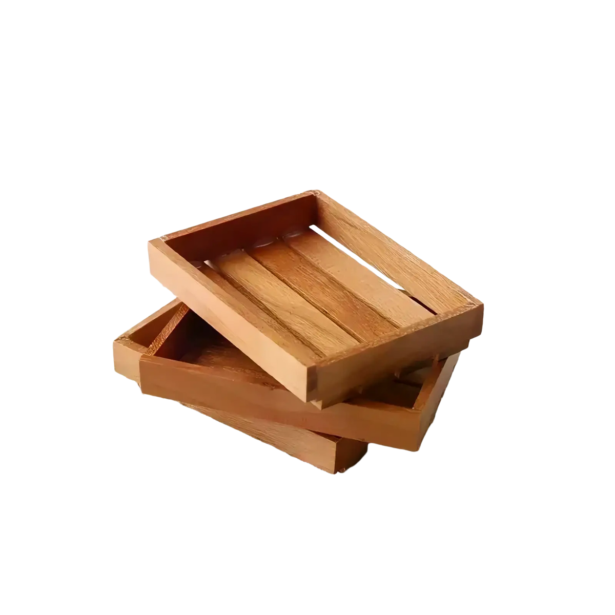 Set of three miniature wooden dollhouse storage crates with natural light brown finish and slatted interior design