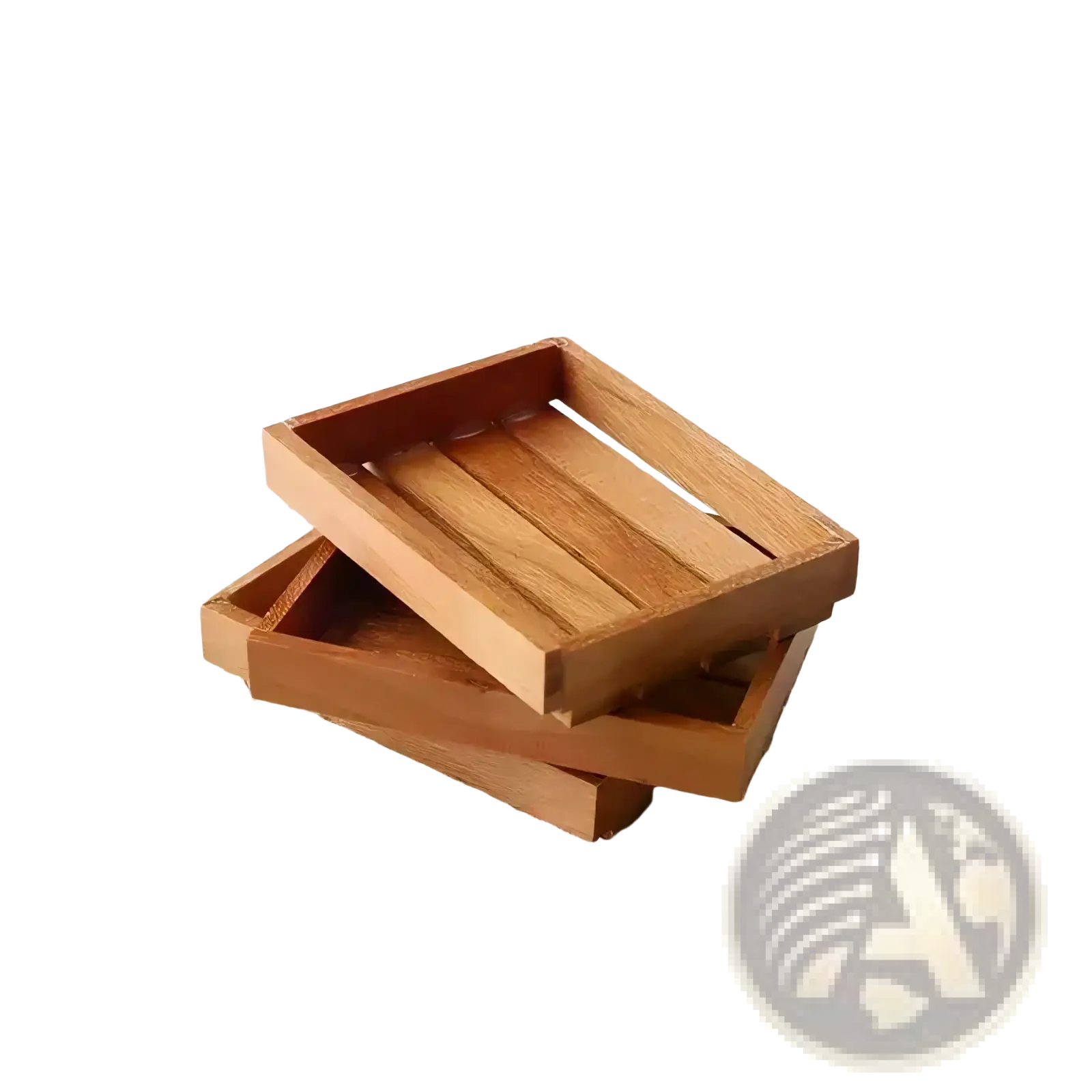 Set of three miniature wooden dollhouse storage crates with natural light brown finish and slatted interior design