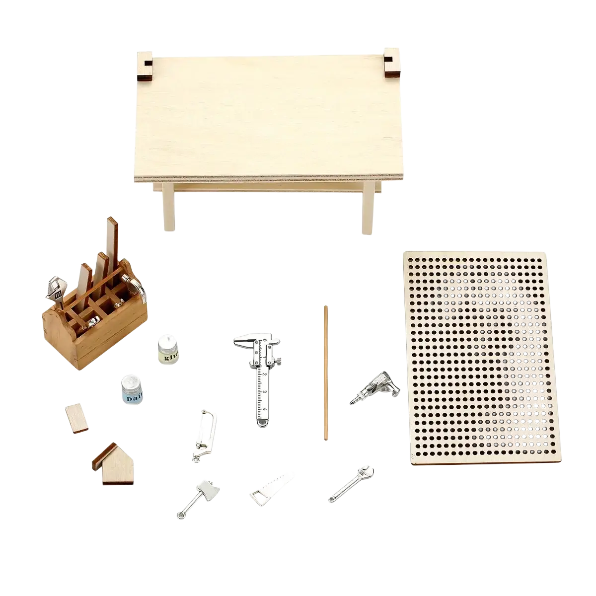 Miniature wooden workbench tool set diy model kit with metal tools and accessories for detailed craft assembly