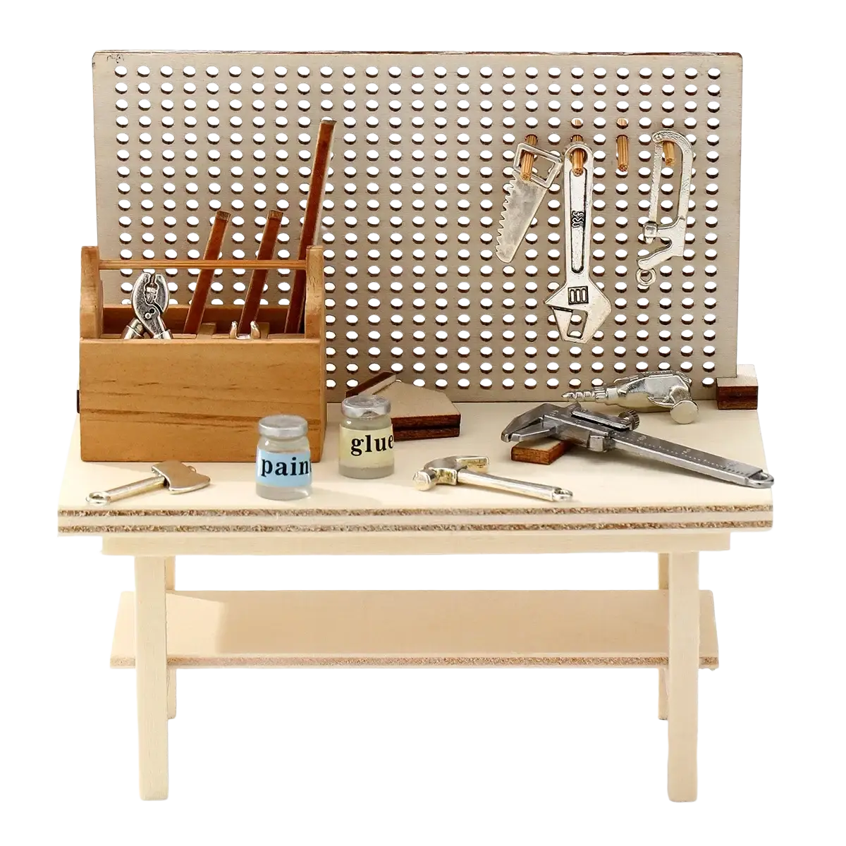 Miniature wooden workbench tool set diy model kit with pegboard backdrop and assorted miniature tools displayed