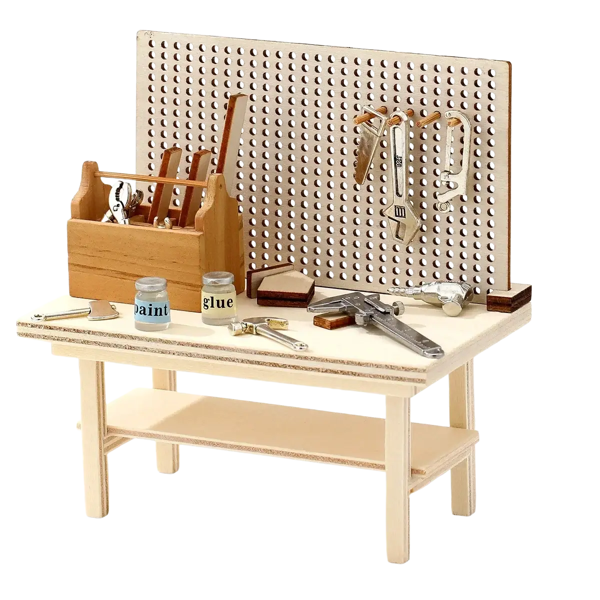 Miniature wooden workbench tool set diy model kit featuring a natural wood pegboard wall with assorted tools