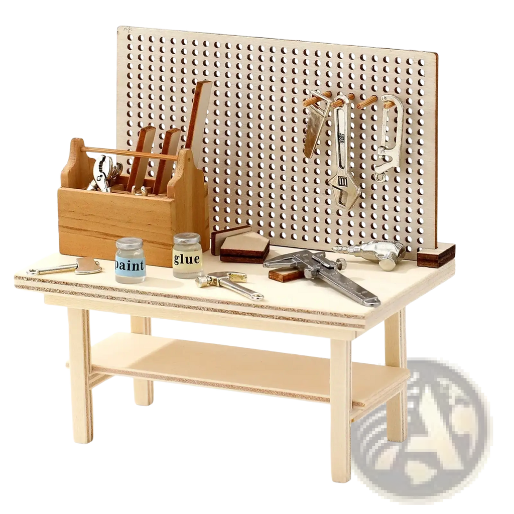 Miniature wooden workbench tool set diy model kit featuring a natural wood pegboard wall with assorted tools