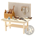 Miniature wooden workbench tool set diy model kit featuring a natural wood pegboard wall with assorted tools