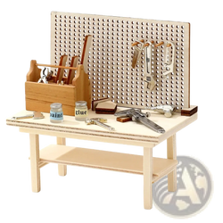 Miniature wooden workbench tool set diy model kit featuring a natural wood pegboard wall with assorted tools