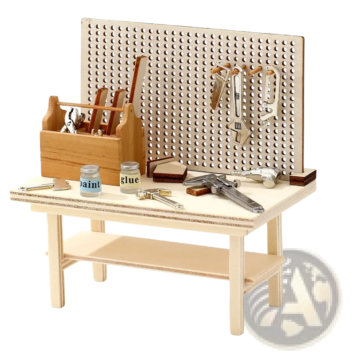 Miniature wooden workbench tool set diy model kit featuring a natural wood pegboard wall with assorted tools