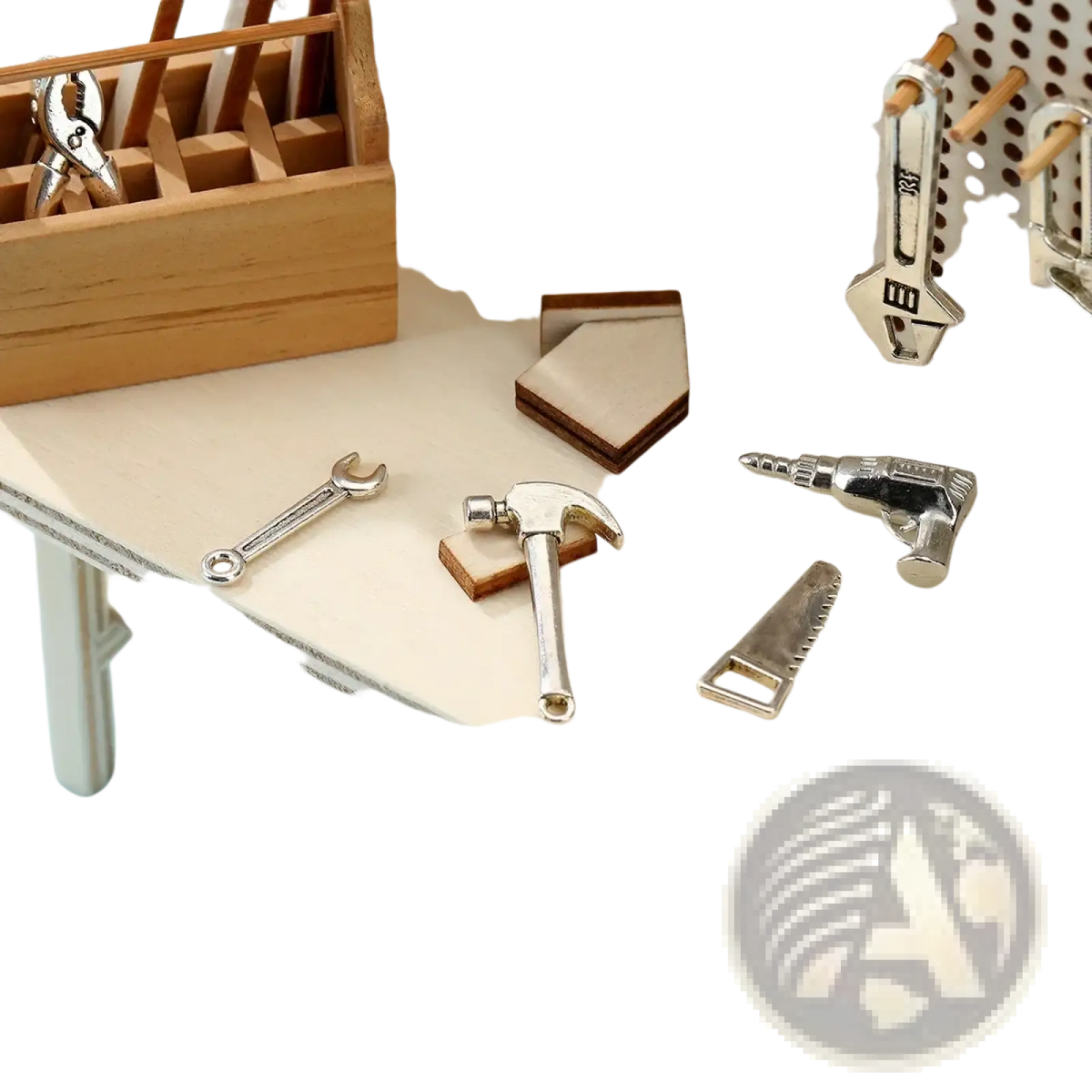 Silver miniature hammer with polished metallic finish and wooden base from miniature wooden workbench tool set diy model kit