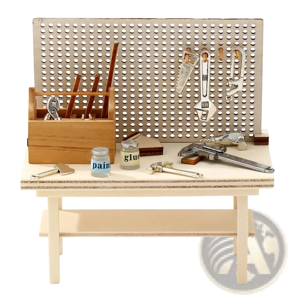 Miniature wooden workbench tool set diy model kit with pegboard backdrop and assorted miniature tools displayed