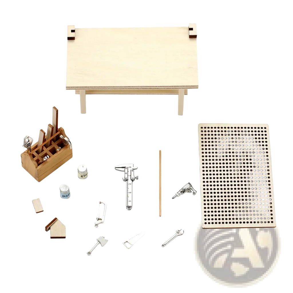 Miniature wooden workbench tool set diy model kit with metal tools and accessories for detailed craft assembly