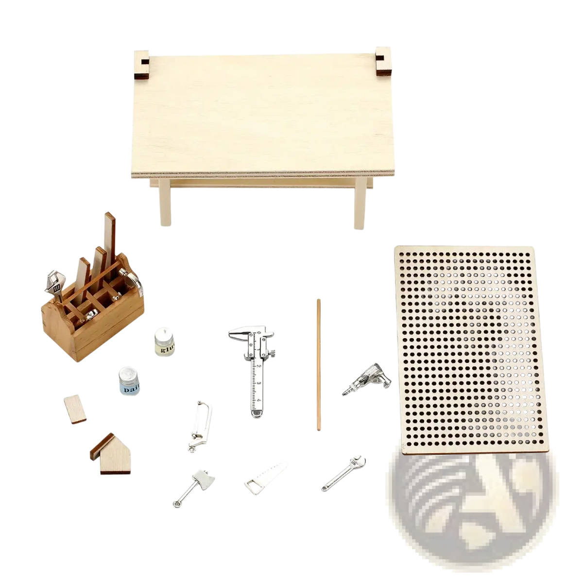 Miniature wooden workbench tool set diy model kit with metal tools and accessories for detailed craft assembly