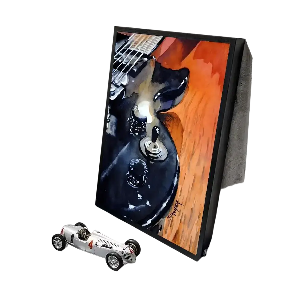 Black-framed canvas art featuring a glossy black electric guitar on orange wood grain for minimalist aesthetics living room