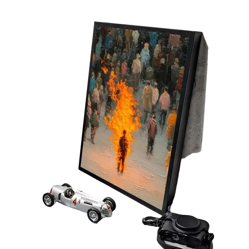 Black-framed canvas art with minimalist aesthetics showing a crowd and a central figure in vibrant orange flames for living room decor