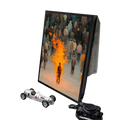 Black-framed canvas art with minimalist aesthetics showing a crowd and a central figure in vibrant orange flames for living room decor