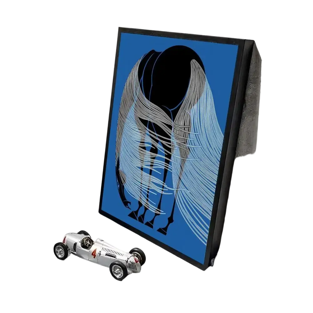 Minimalist aesthetics canvas art featuring blue-framed abstract black and white figure for modern living room decor