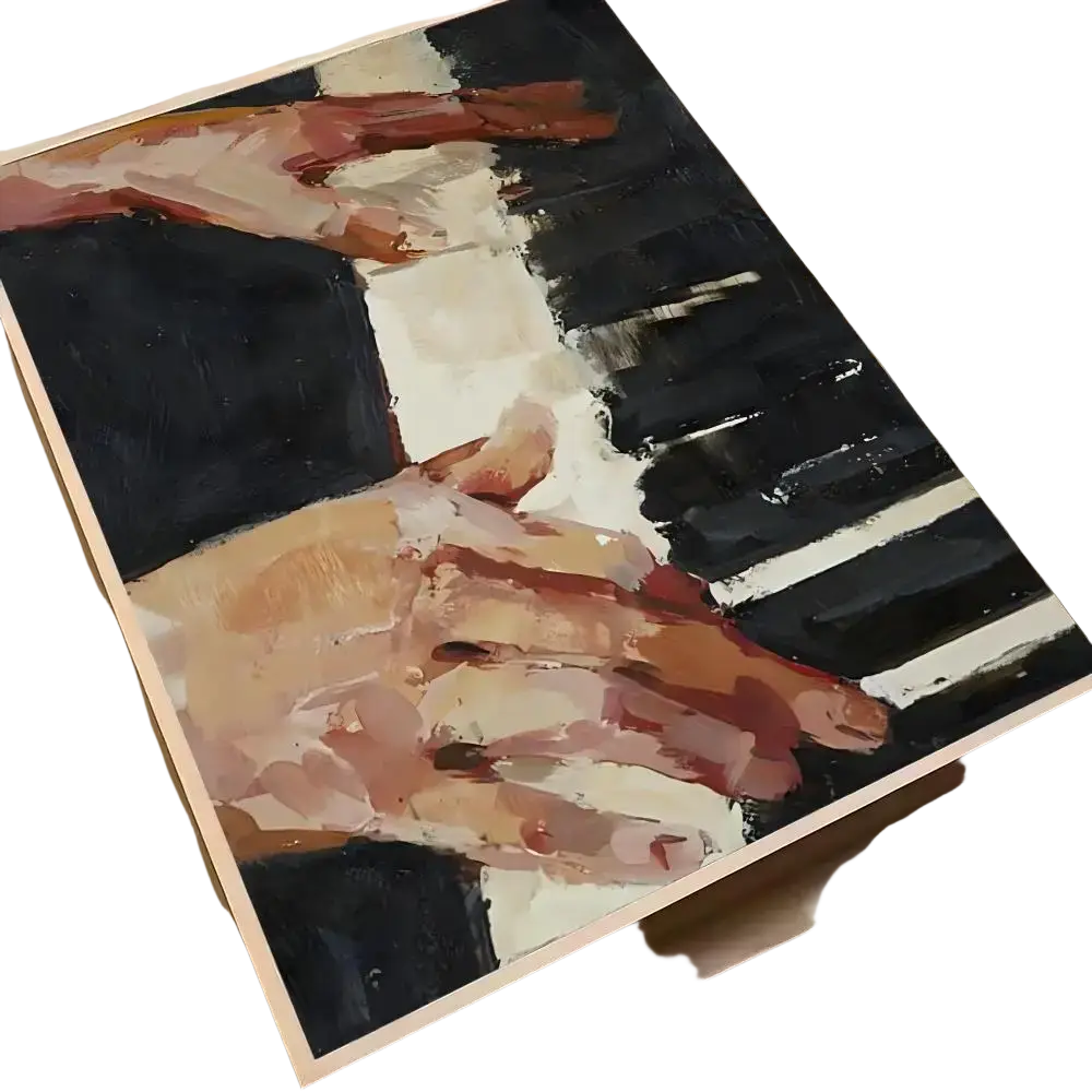A framed abstract canvas art with hands playing piano in black white and warm tones for minimalist aesthetics living room