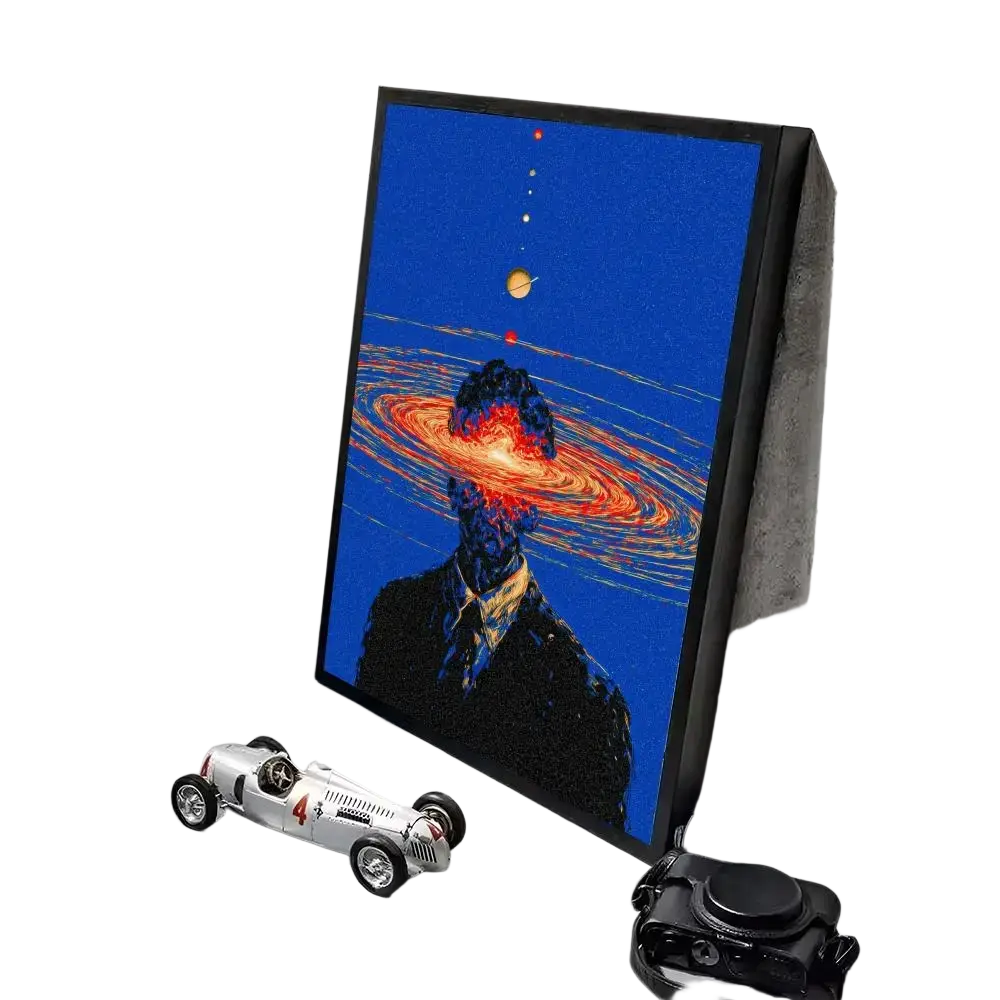 A framed canvas print featuring minimalist aesthetics with a surreal cosmic portrait for modern living room decor