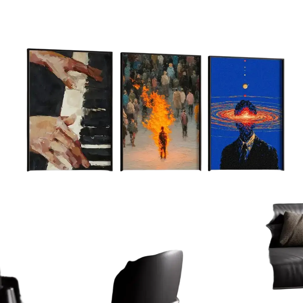 Three framed canvas artworks featuring minimalist aesthetics and modern graphic designs hang above a black leather sofa in a living room
