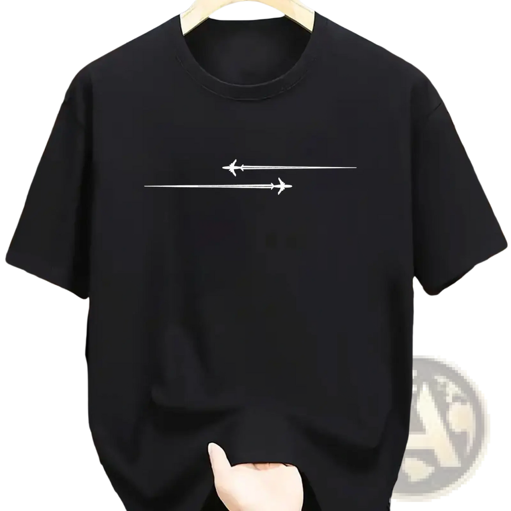 Black short-sleeved cotton blend sport t shirt with minimalist white airplane graphic design on front side