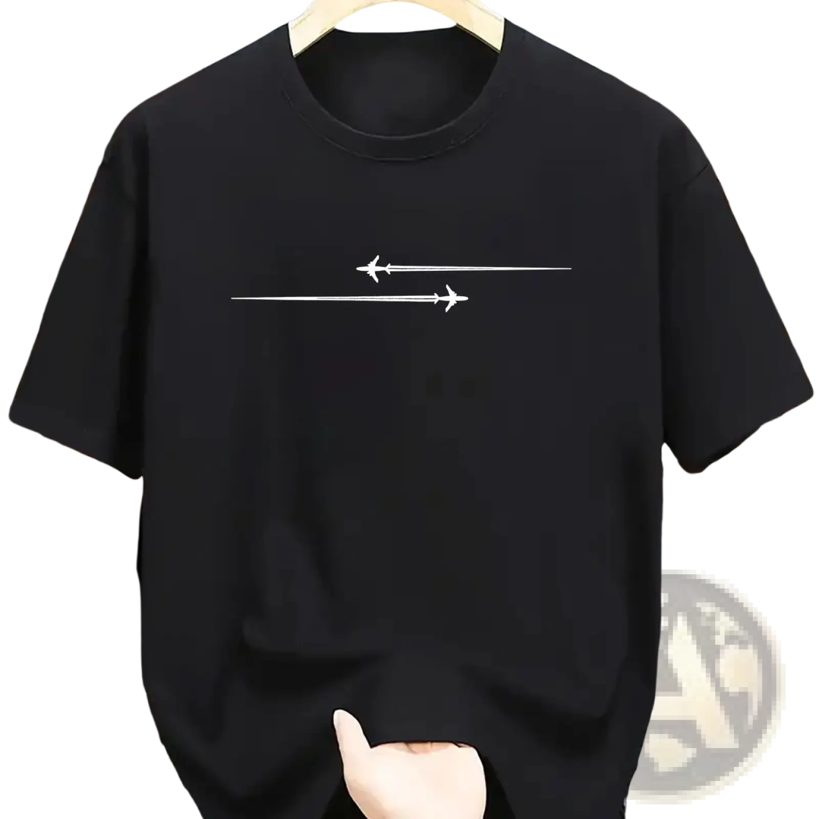 Black short-sleeved cotton blend sport t shirt with minimalist white airplane graphic design on front side