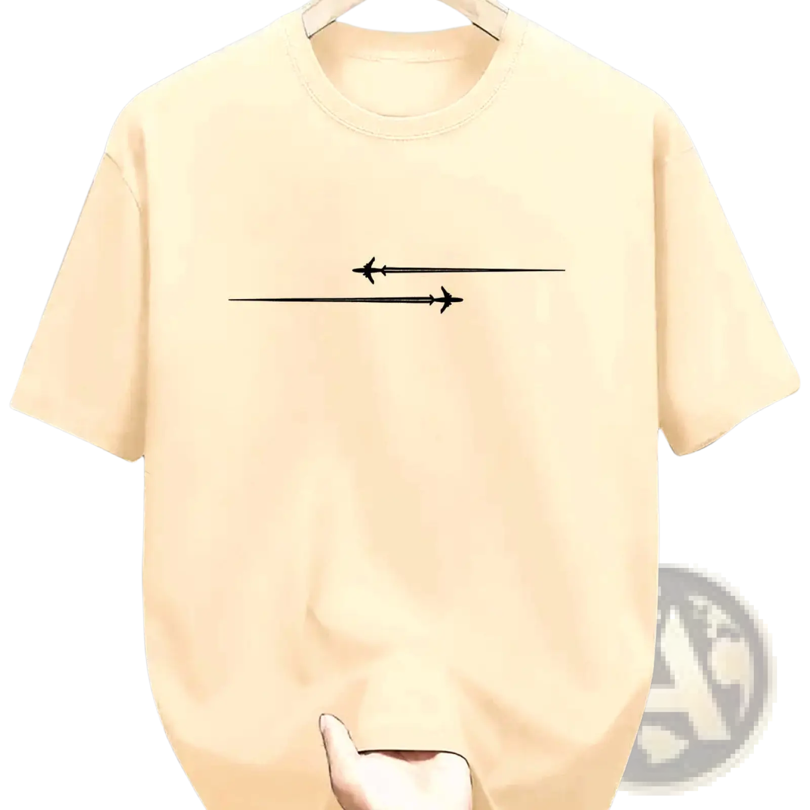 Cream-colored minimalist airplane graphic cotton blend sport t shirt with two black airplanes flying opposite directions