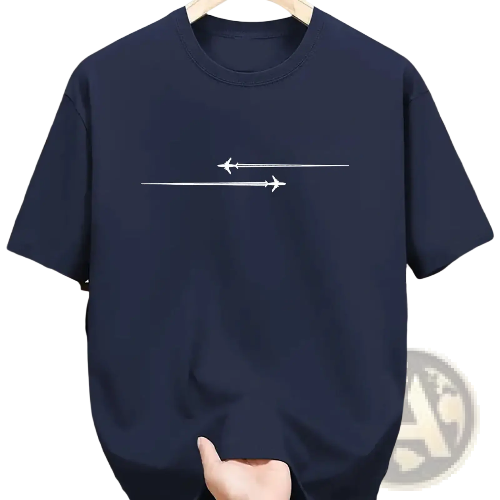Navy blue short-sleeved minimalist airplane graphic cotton blend sport t shirt with white airplane design