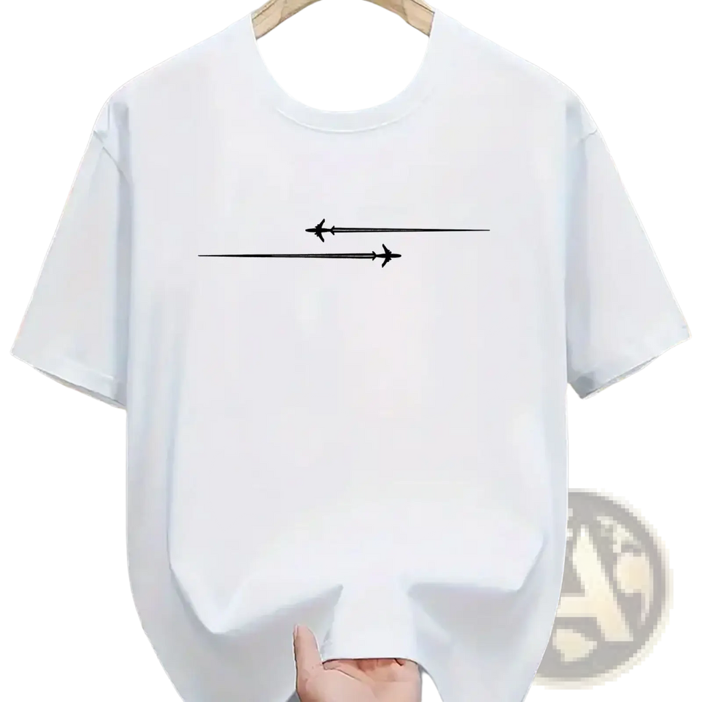 White cotton blend sport t shirt with minimalist black airplane graphic of two planes flying opposite directions