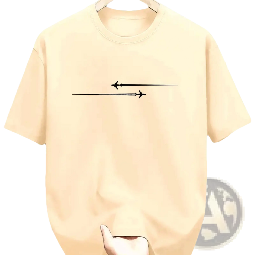 Cream-colored cotton blend sport t shirt with minimalist black graphic of two airplanes flying in parallel lines