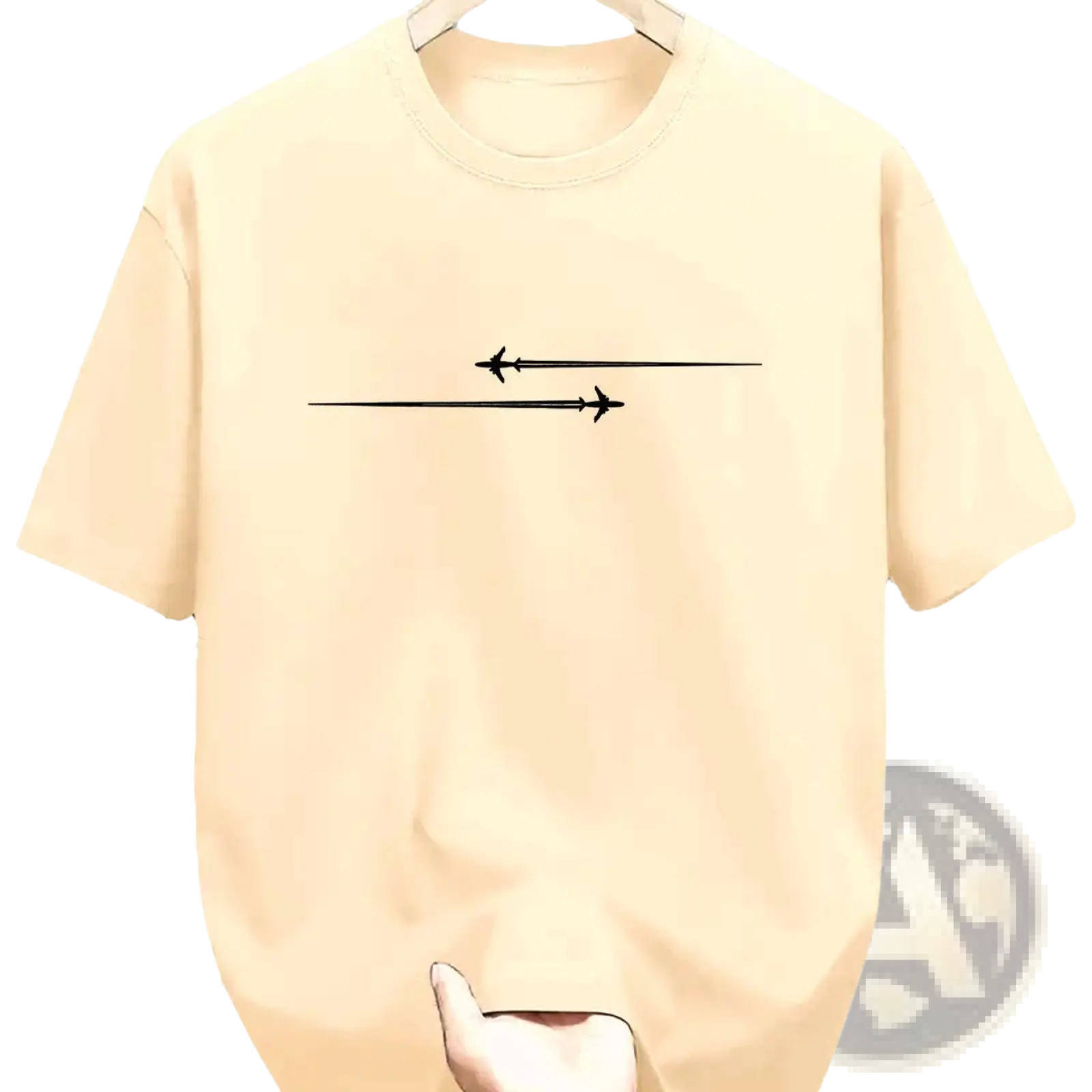 Cream-colored cotton blend sport t shirt with minimalist black graphic of two airplanes flying in parallel lines