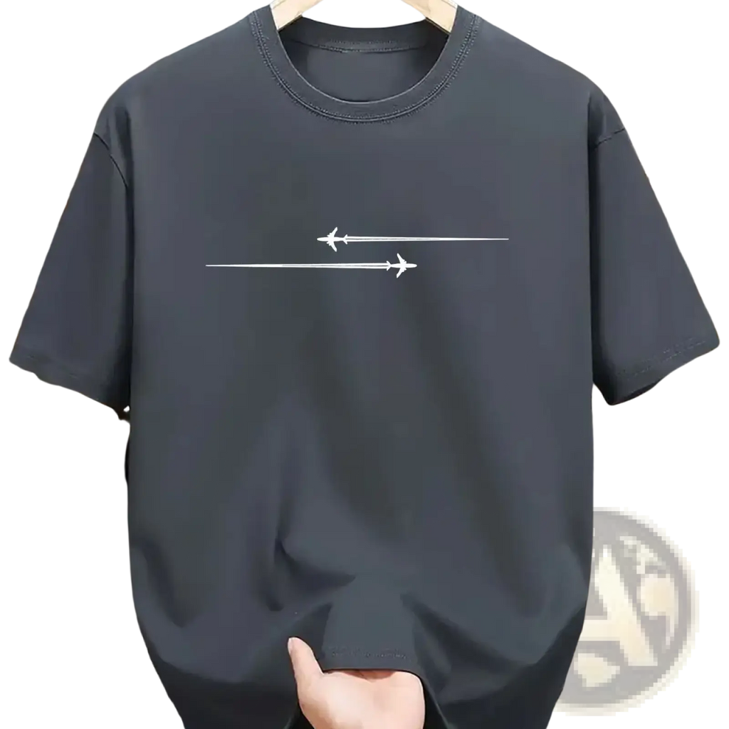 Dark gray minimalist airplane graphic cotton blend crewneck sport t-shirt featuring two white parallel airplanes