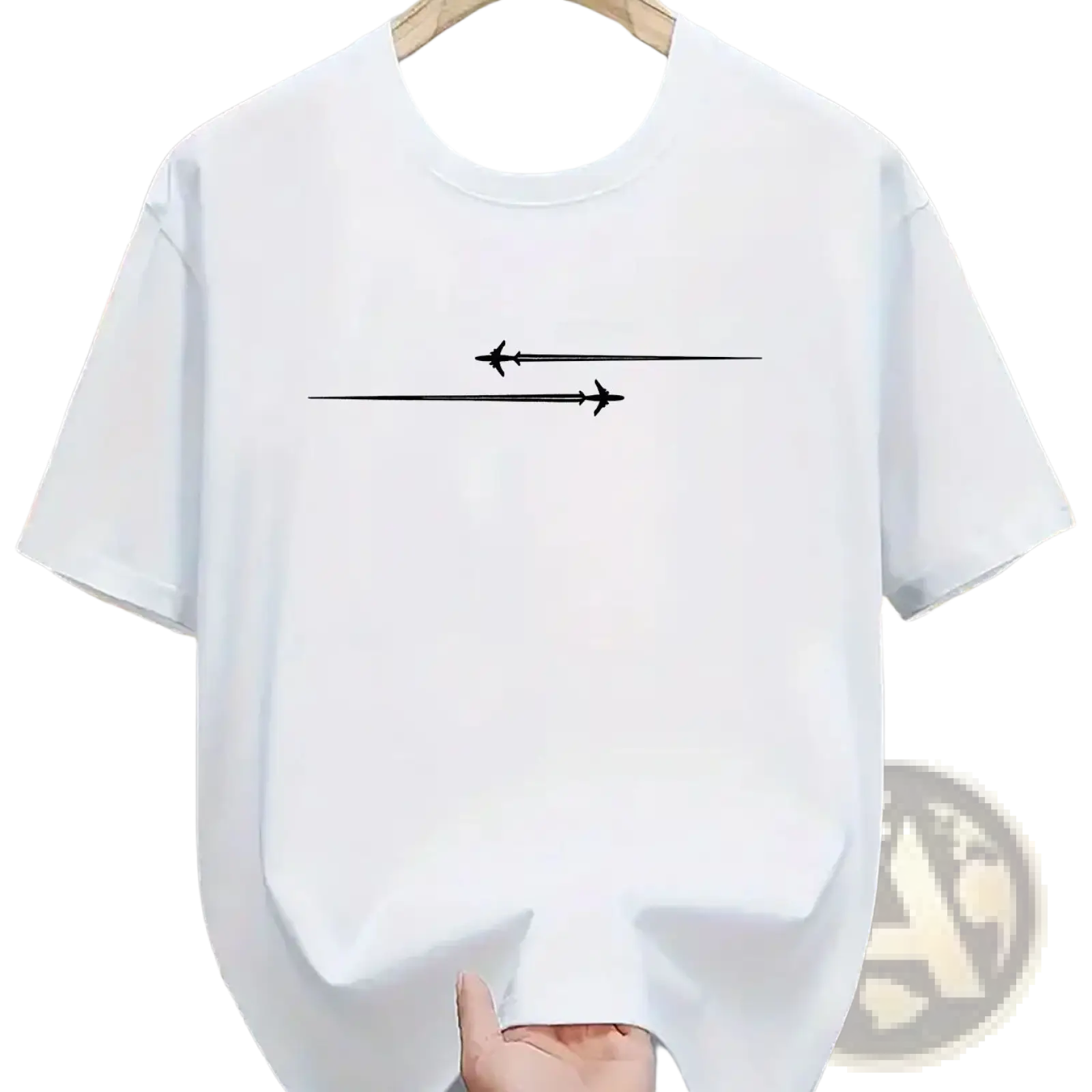 White cotton blend sport t shirt with a minimalist black graphic of two airplanes flying in opposite directions