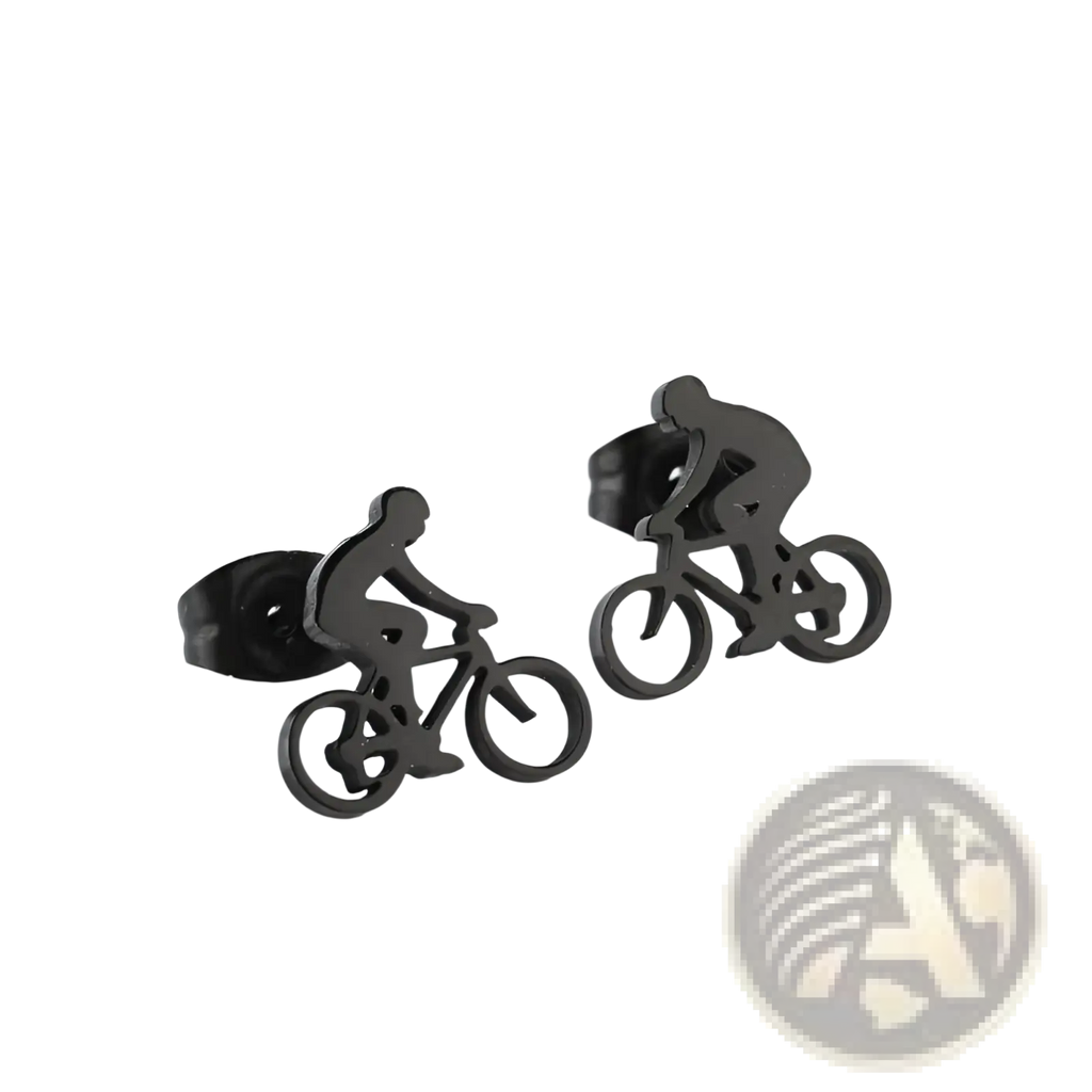 Minimalist black stainless steel bicycle rider silhouette stud earrings showcasing sleek and durable design