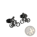 Minimalist black stainless steel bicycle rider silhouette stud earrings showcasing sleek and durable design