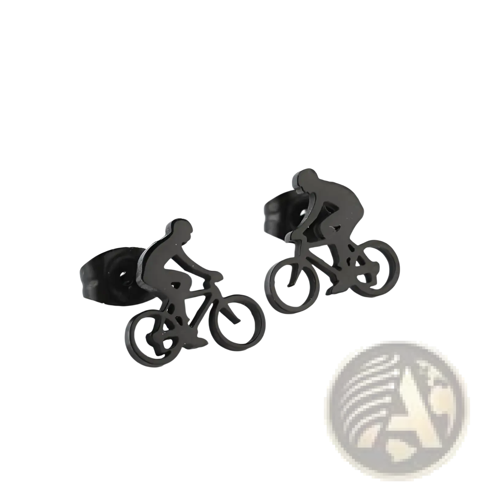 Minimalist black stainless steel bicycle rider silhouette stud earrings showcasing sleek and durable design