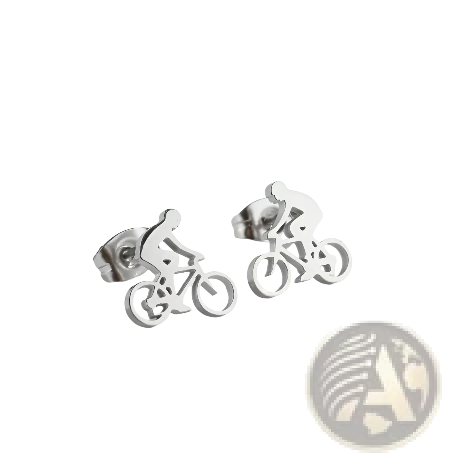 Silver minimalist bicycle rider silhouette stud earrings with sleek design and polished finish